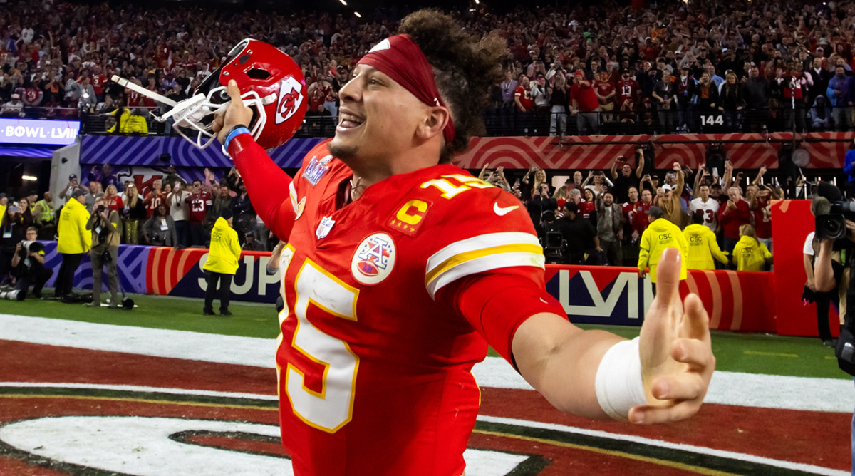 Kansas Cit5y Chiefs quarterback Patrick Mahomes celebrates after winning Super bowl LVIII
